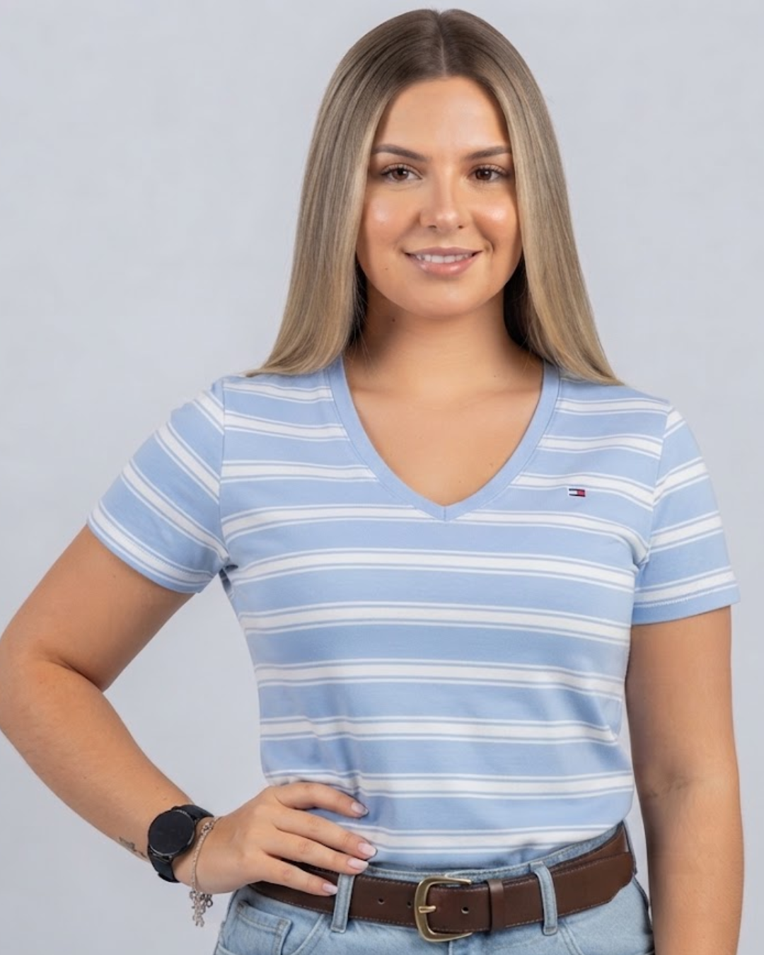 Blusa Tommy Hilfiger color celeste rayas blancas