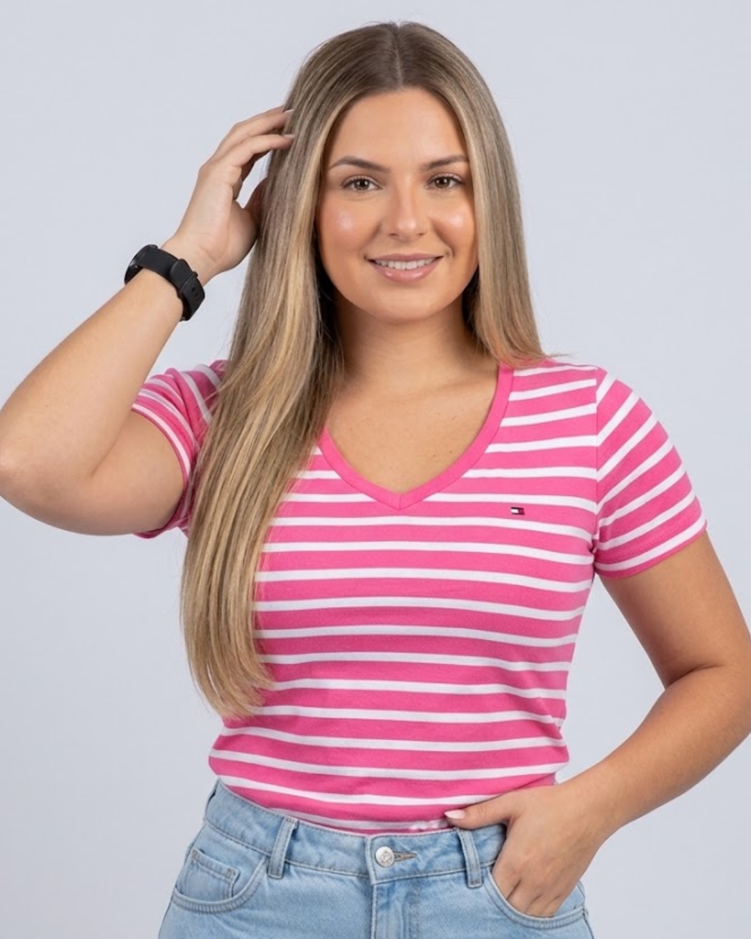 Blusa Tommy Hilfiger color rosado rayas blancas