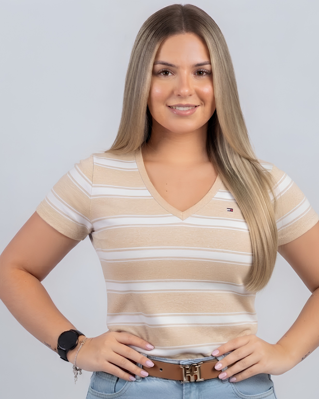 Blusa Tommy Hilfiger color beige rayas blancas