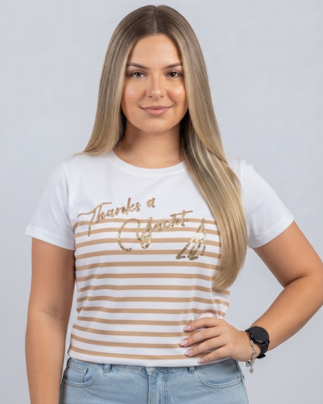 Blusa Náutica color beige rayas doradas