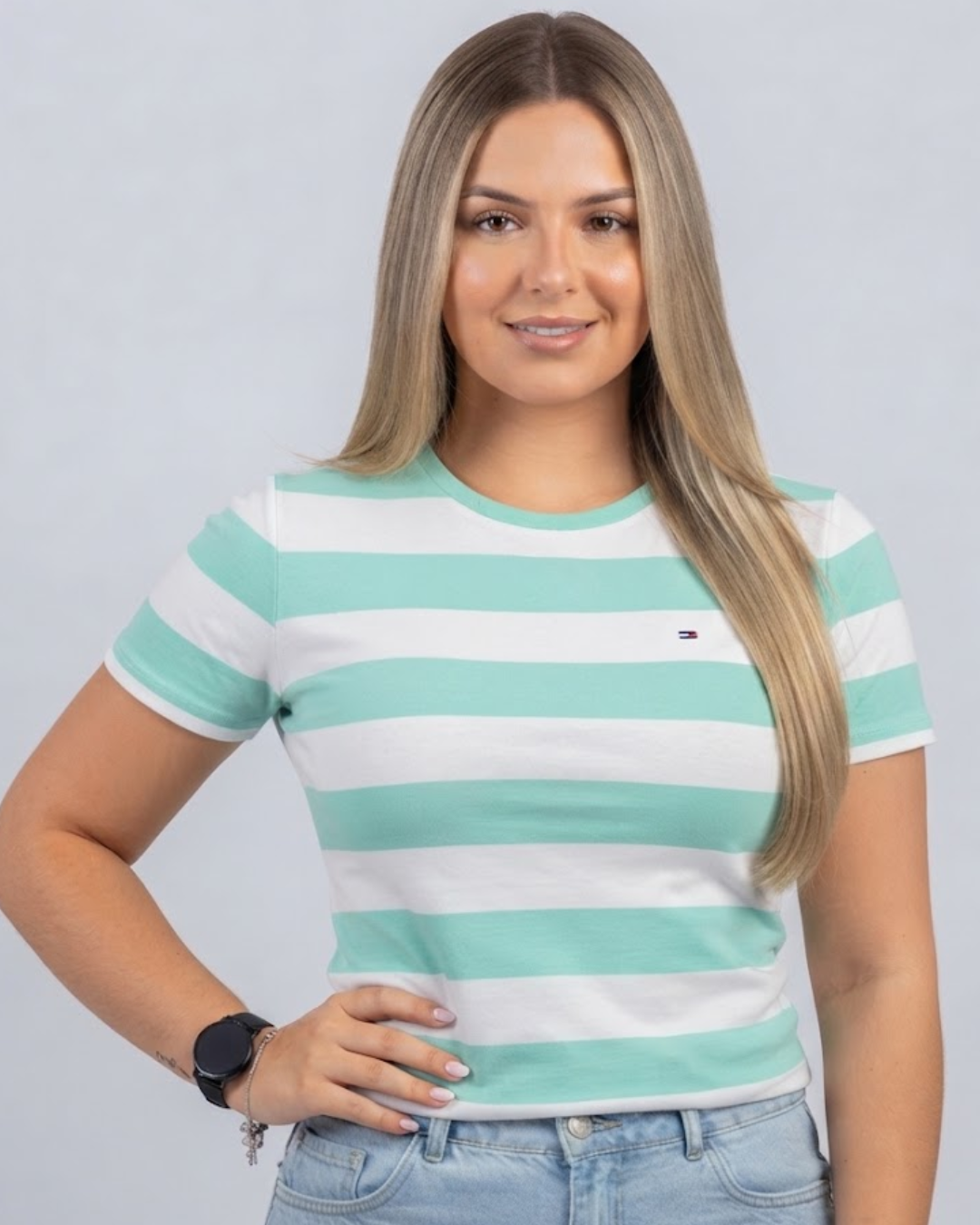 Blusa Tommy Hilfiger color blanco rayas verde menta