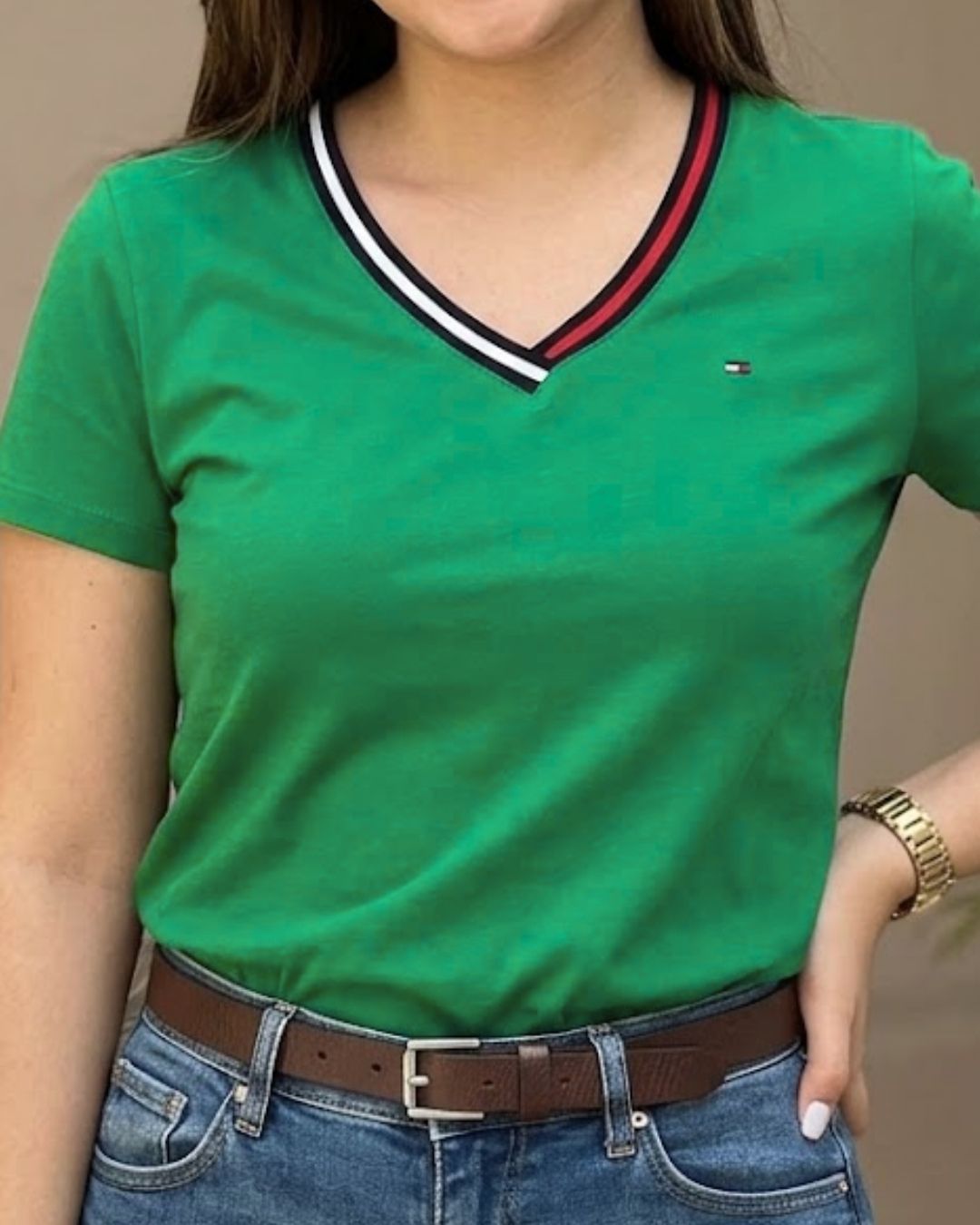Blusa Tommy Hilfiger color verde cuello icónico