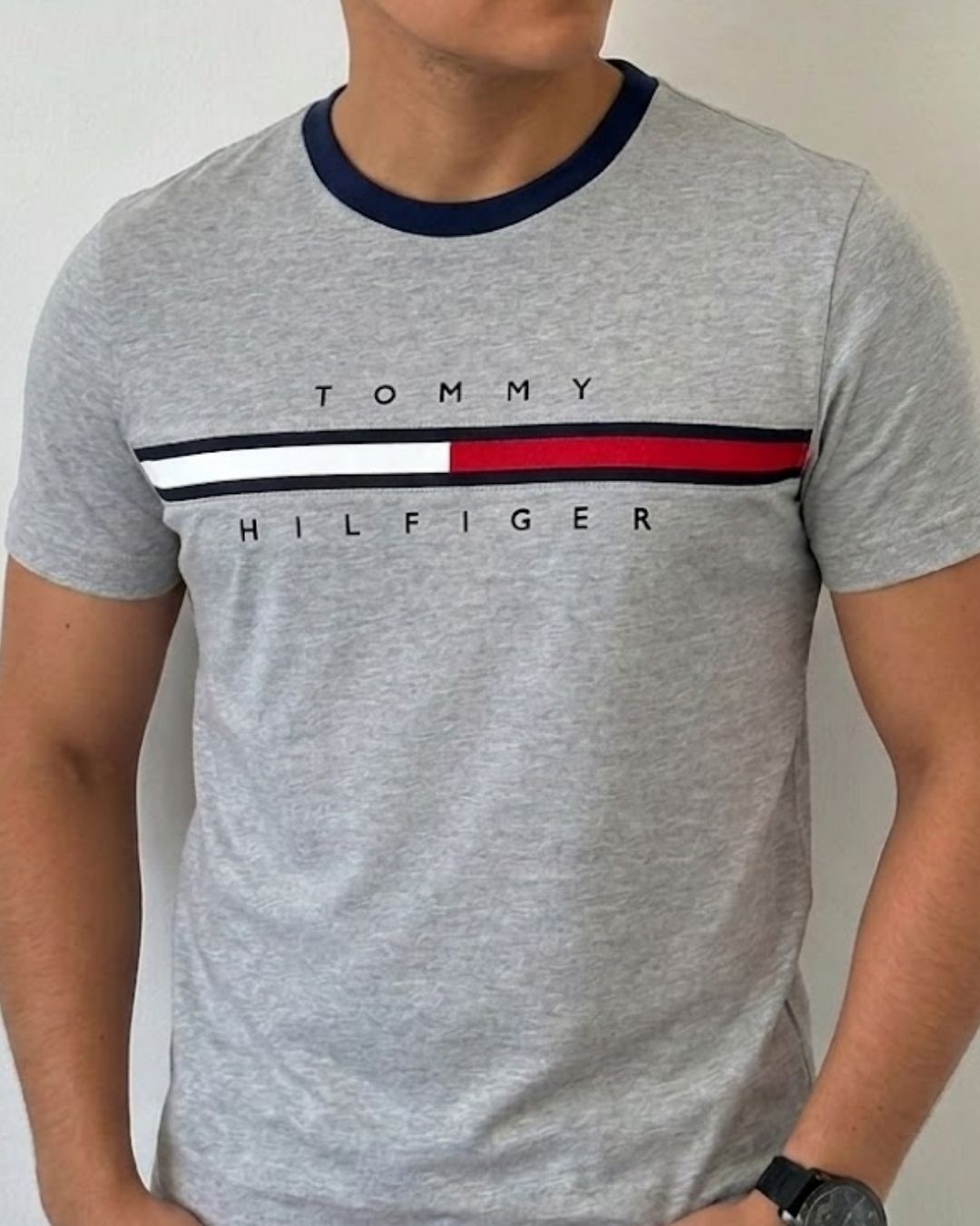 Camiseta Tommy Hilfiger color gris con logo de bandera bordado