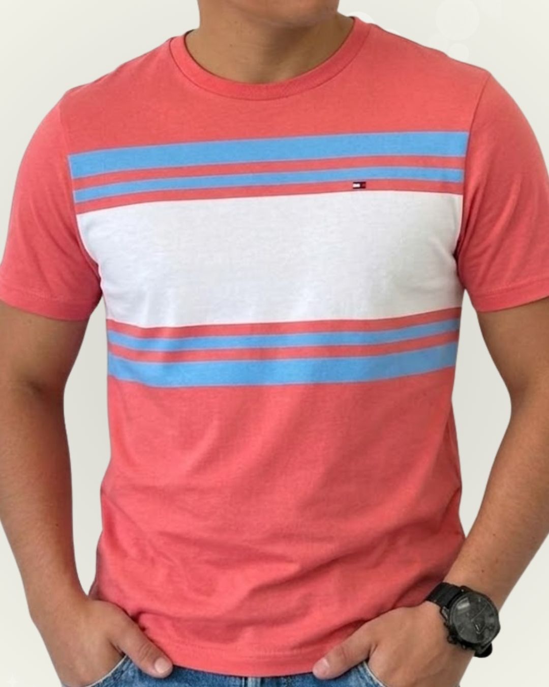 Camiseta Tommy Hilfiger color coral de rayas en bloque