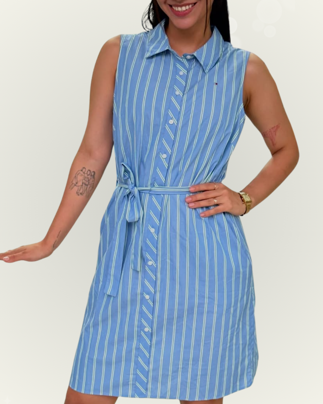 Vestido Tommy Hilfiger color celeste rayas blancas y verdes