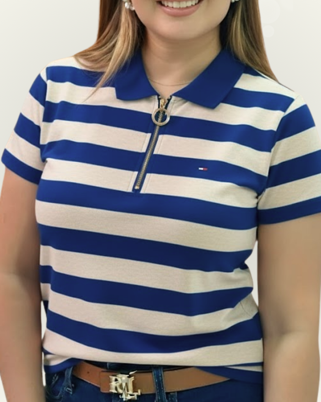 Polo Tommy Hilfiger Slim Fit beige rayas azules