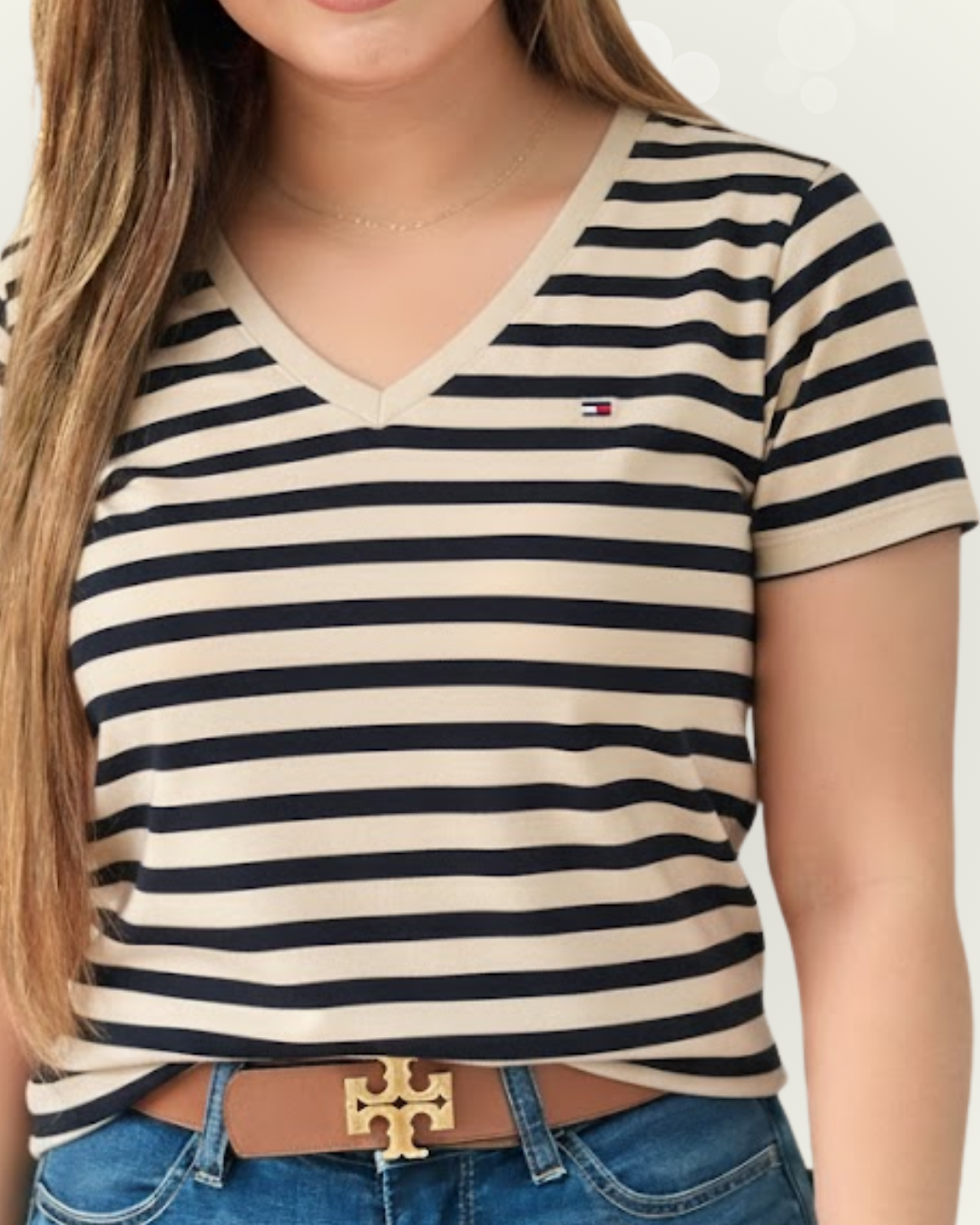 Blusa Tommy Hilfiger color beige rayas azules