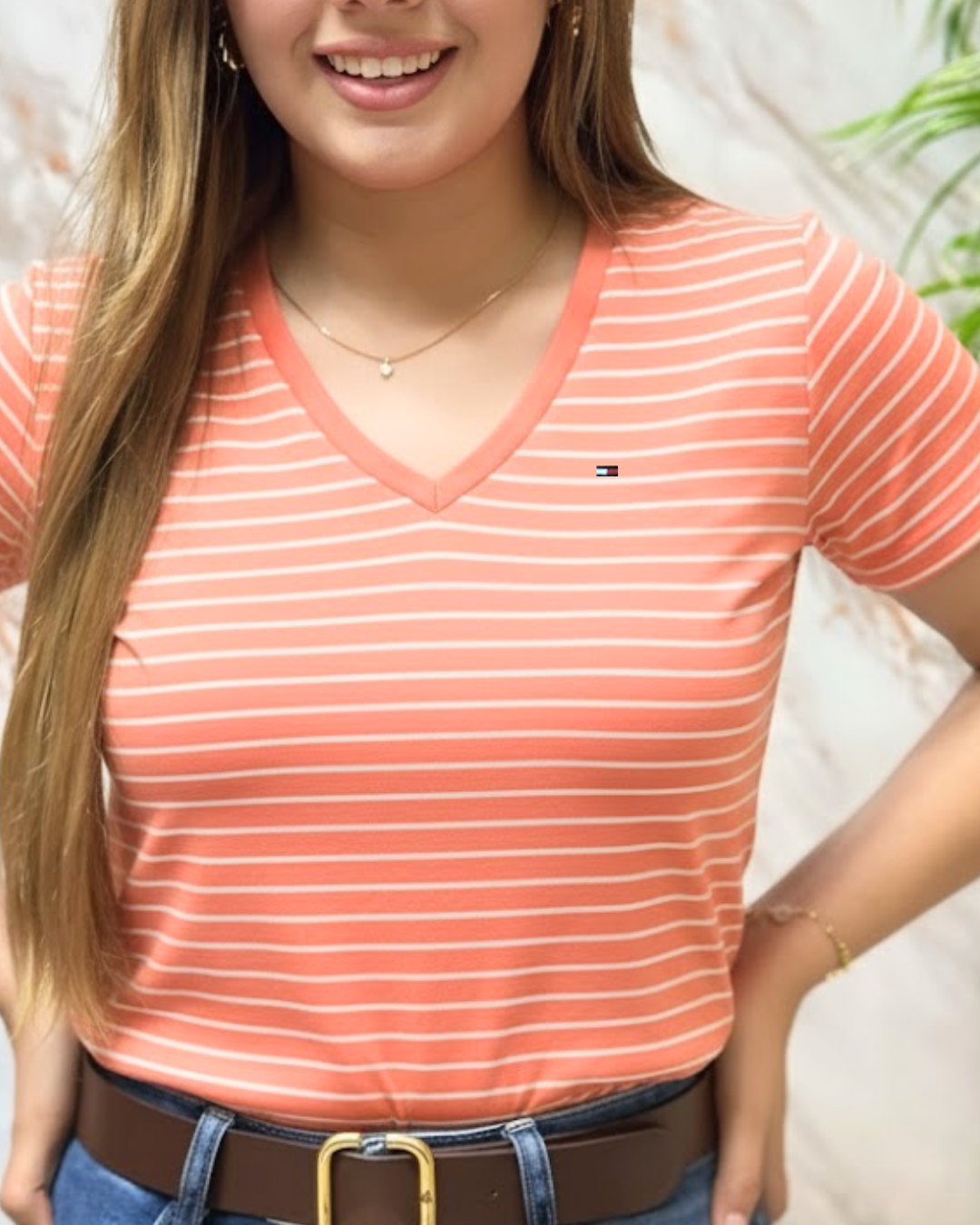 Blusa Tommy Hilfiger color naranja rayas blancas