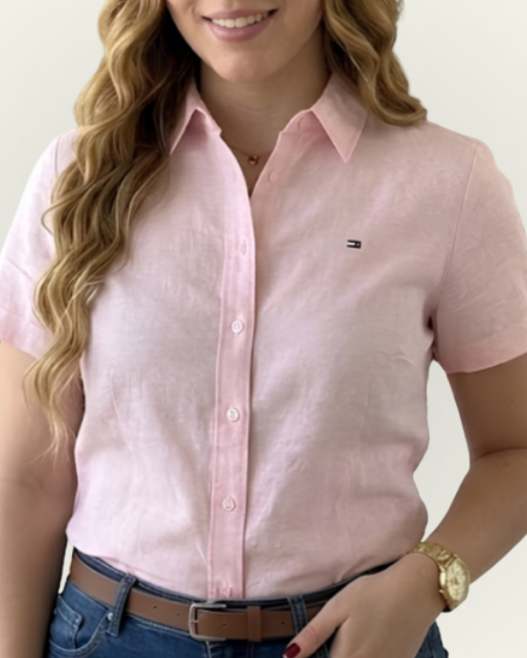 Camisera  de lino Tommy Hilfiger color rosado
